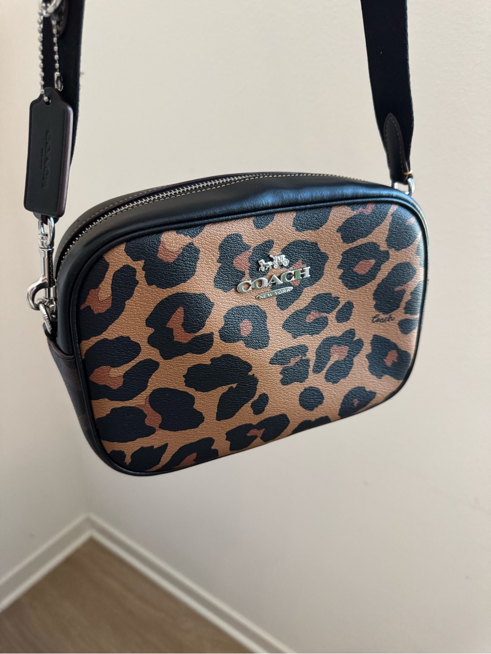 Coach Leopard Print Camera Crossbody in Brown and Black